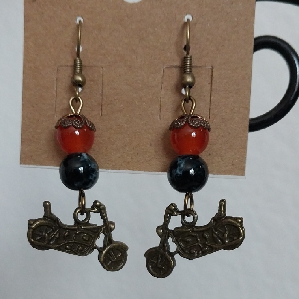 Vintage Motorcycle Charm Earrings with Red and Black Beads